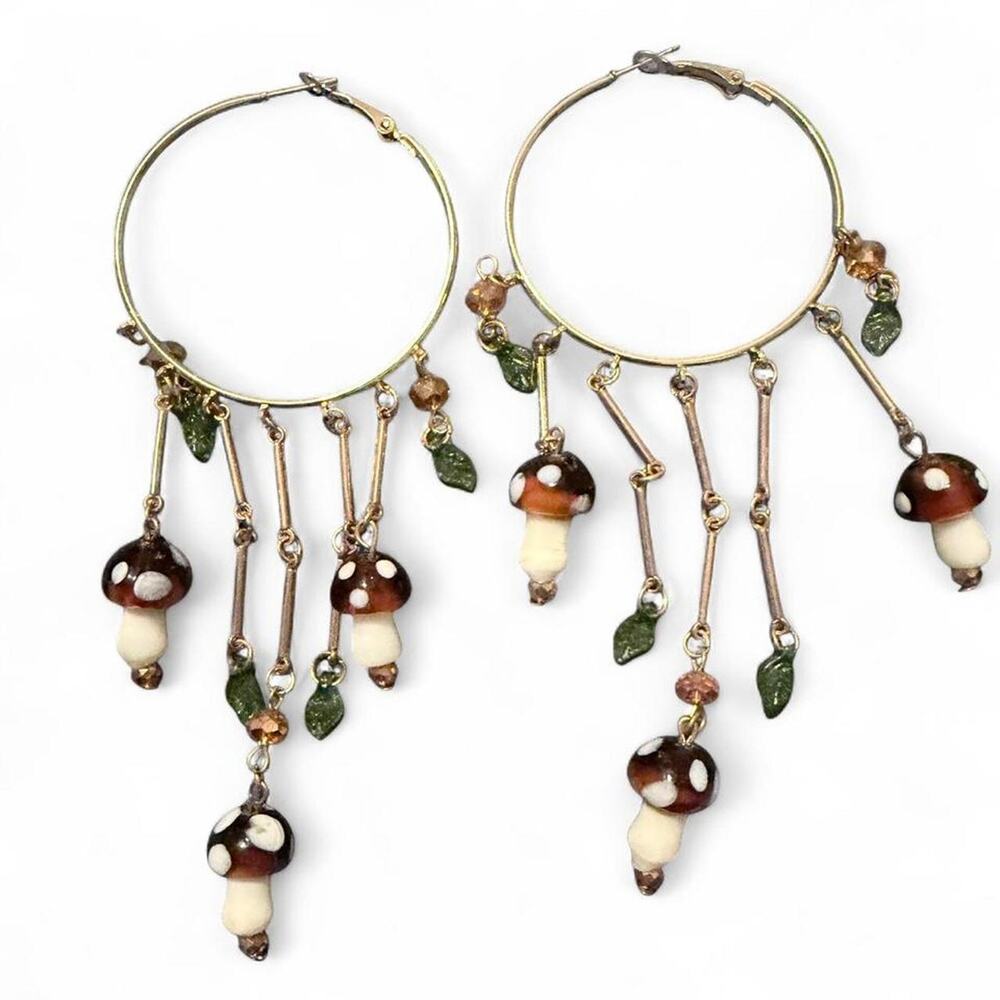 Mushroom Hoop Earrings Glass Bead Leaf Dangle Cottagecore Goblincore Handmade